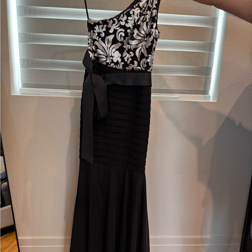 Black and Silver sequin one shoulder evening dress